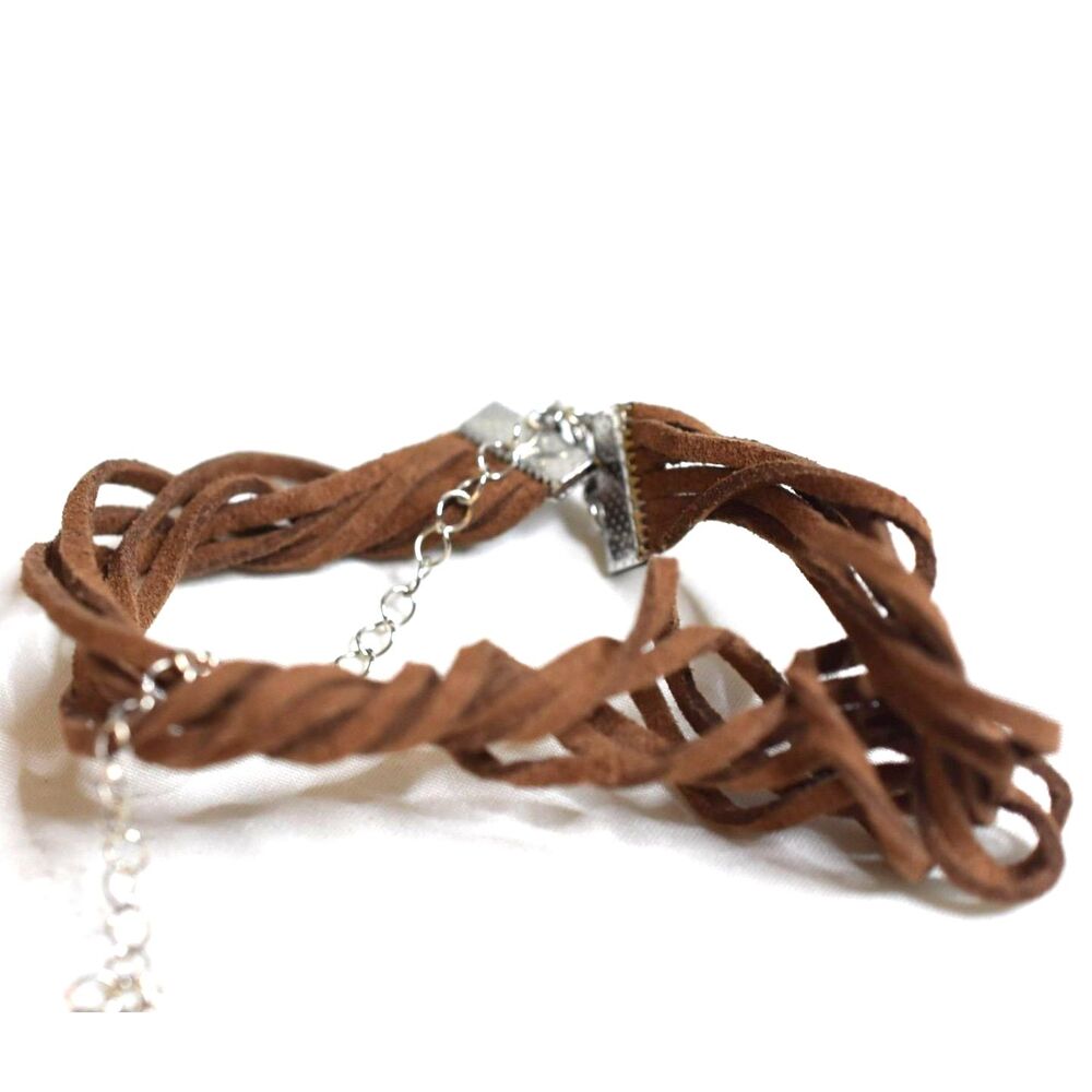 Casual Unisex Twisted Multi Layered Brown Suede Silver Tone Accent 10" Bracelet